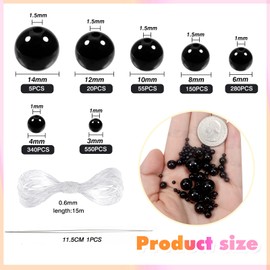Toaob 1400 Pieces Artificial Pearl with Hole Round Beads Set for Threading Jewellery Beads Black 3 mm 4 mm 6 mm 8 mm 10 mm 12 mm 14 mm for Decorating Clothing Necklaces Bracelets
