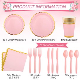 Ziliny 350 Pcs Light Pink and Gold Foil Plates and Napkins, 50 Guest Spring Party Supplies Include Gold Foil Scalloped Paper Plates Napkins Cups Plastic Spoons Forks Knives for Birthday Baby Shower