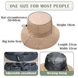 ehsbuy Sun Bucket Hats for Women UV Protection Wide Brim Foldable Ladies Waterproof Summer Hat with Adjustable Chin Strap for Beach Outdoor Fishing Safari Travel Khaki