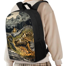 Parprinty 17 Inch Animal Print School Backpack And Lunch Box Set for Kids Lightweight Angry Alligator Backpack for Boys Girls Sturdy School Bag with Insulated Lunchbox Pencil Case Student Bookbag