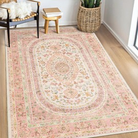 Castage Pink Rug 3x5,Boho Washable Area Rugs for Bedroom Living Room Kitchen Entryway,Small Vintage Distressed Farmhouse Non Slip Carpet,Blush Floral