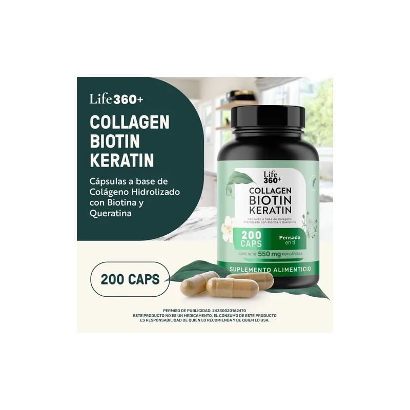 Colágeno Hidrolizado Biotina Y Queratina Suplemento Alimenticio en Cápsulas Life360+