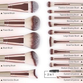 Brochas de Maquillaje Profesional Kit 15 Piezas Set de Brochas para Maquillaje Sintéticas de Alta Calidad Rubor Brochas Maquillaje Sombras de Brochas para Ojos(Oro Champagne)
