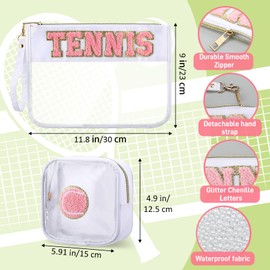 Sunnymove 3 Pcs Tennis Gifts Makeup Cosmetic Bag with Chenille Letter Patch Clear Toiletry Pouch Waterproof PVC Organizer Purse with Fluffy Tennis Ball Keychain Accessories for Women(Pink)