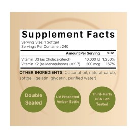 Naturebell, Vitamina D3 + K2, 10.000 UI / 200 mcg, 240 cápsulas blandas