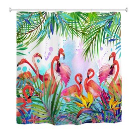 goodbath Extra Long Shower Curtain, Flamingo Tropical Leaves Waterproof Anti Mould Fabric Shower Curtains for Wet Room, 180 x 240cm Drop(72x94), Pink Green