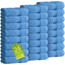 White Classic Wealuxe Light Blue Washcloths for Body and Face Towel, Cotton Wash Cloths Bulk 24 Pack, Flannel Spa Fingertip Wash Clothes 12x12 Inch, Soft Absorbent Gym Towels