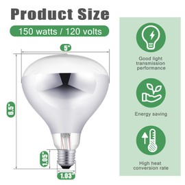 VIHOSE 6 Pack 150 Watt Heat Lamp 120v R40 Heat Lamp Bulbs Glass Incandescent Light Bulbs Incandescent Heating Lightbulbs for Reptiles Chicks Food Puppies Bathroom, Use E26 Base (Silver)