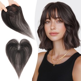 S-noilite Real Hair Toupees for Women, Natural Black, 9 x 12 cm, T-arp Hair Toppers, Clip-In Hairpieces, Real Hair with Wispy Fringe, 13 g