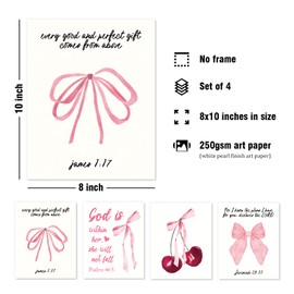 DSHFG Coquette Pink Bow Cherry Bible Verses Wall Decor, Pink Room Decor for Teen Girls Dorm Bedroom Bathroom, Christian Scripture Wall Art Prints Set of 4, 8x10 Unframed