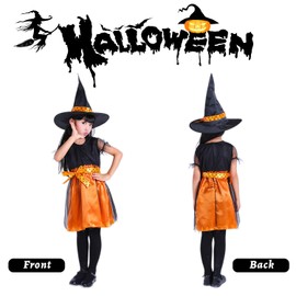 Witch Costume Girls, Fancy Dress Costumes Children, Carnival Costume Witch Costume Children with Witch Hat and Collection Bag Witch Dress Children for Carnival Clothing Masquerade Role Play Fancy