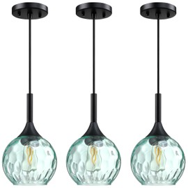 Doraimy Lighting 6.3" Hammer Green Glass Pendant Light 3 Pack Pendant Ceiling Light Fixture Black Finish Modern Farmhouse Dinning Over Sink Adjustable Height Cord