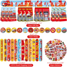 122PCS Fire Truck Party Favors - 50 Stickers, 12 Assemble Stickers, 12 Button Badges, 12 Mini Notepads, 12 Slap Bracelets, 12 Rubber Bracelets, 12 Goodie Bags for Firefighter Firetruck Party Supplies