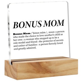 Acrylic Stepmom Gift Stepmother Desk Decor Present, Bonus Mom Definition Decorative Clear Acrylic Desk Plaque Sign with Wood Stand for Home Birthday Mother's Day Christmas