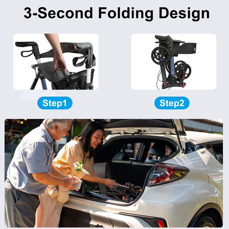 Rollator Walkers for Seniors with Seat, No Assembly Foldable 8"