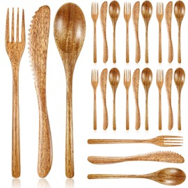 Geiserailie 24 Pcs Wooden Utensils for Eating Set Wooden Spoon Fork Knife Cutlery Set Kitchen Wood Utensils Dinner Flatware Tableware (Acacia Wood)