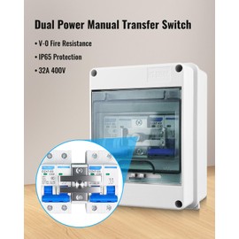 32A Dual Power Manual Transfer Switch, Waterproof and Dustproof Distribution Box, 2P Circuit Breaker and Slide Interlock, Residential Industrial Generator Power Switching, V-0 Flame-Retardant Case