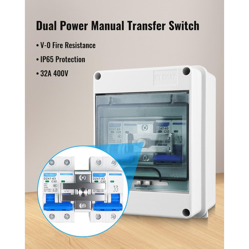 32A Dual Power Manual Transfer Switch, Waterproof and Dustproof Distribution