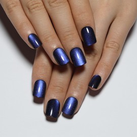 Stbisen Dark Blue Press On Nails Square – Short Cat Eye Fake Nails with Color-Shifting Glow, Reusable Stick On Nails, 15 Sizes, 30 Nail Kit with Glue, Thick Glue On Nails for Women, M1-Midnight Mirage