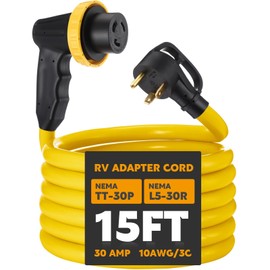 Kanayu 15ft 30 Amp RV Adapter RV Extension Cord with Locking Connector Plug NEMA TT-30P to L5-30R, Generator Extension Power Cord Adapter Plug with 90° Grip Handle, 10AWG/3C STW, ETL Listed