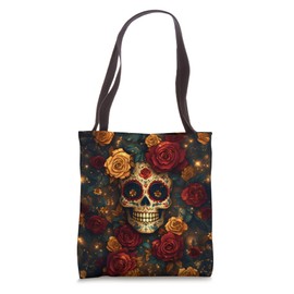 Sugar Skull with Roses and Floral Accents Goth Boho Vibe Tote Bag
