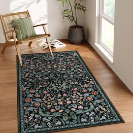 Moynesa Floral Machine Washable Rugs, 3x5 Rug for Entryway Non Slip Small Botanical Living Room Area Rug, Boho Ultra Thin Soft Bedroom Floor Throw Carpet for Dorm Bathroom Nursery, Black