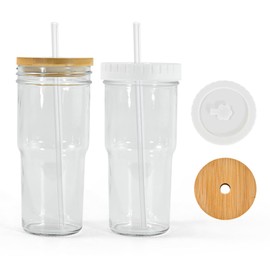 AGH 24oz Glasses Cup Iced Coffee Cup Set of 4, Glass Tumbler with 2 Lids & Straws, Travel Boba Cup Glass, Drinking Cups for Juice, Soda (Without Handle)