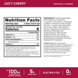 Optimum Nutrition Amino Energy Sparkling Hydration Drink, Electrolytes, Caffeine, Amino Acids, BCAAs, Sugar Free, Juicy Cherry, 12 Fl Oz, 12 Pack (Packaging May Vary)