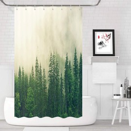 RV Shower Curtain, Forest Pine Tree Gradient Ombre Mountain Forest for Camper Trailer Camping Bathroom, Tree RV Shower Curtain for Camping, Shorter and Narrow Fabric Camper Curtains 47 X 72 Inches