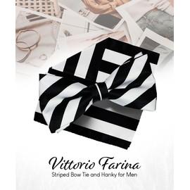 Vittorio Farina Striped Bow Tie & Pocket Square Set, White & Black, One Size