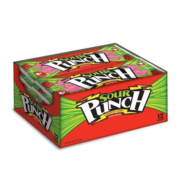 Sour Punch Straws, Sweet & Sour Strawberry Fruit Flavor, Chewy Candy, 4.5oz Tray (12 Pack)