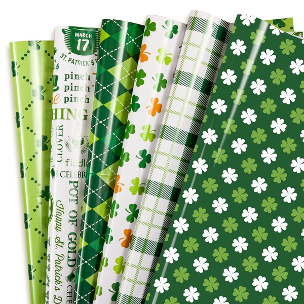 Whaline 12 Sheet St. Patrick's Day Wrapping Paper 6 Design Green Shamrock Clover Plaid Pattern Wrapping Paper Irish Holiday Art Paper for Birthday Party Gift Wrap DIY Craft, 19.7 x 27.6 Inch