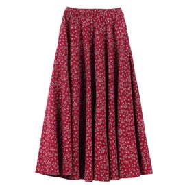 Women's Linen Cotton Floral Maxi Skirt Long Skirt with Side Pockets Elastic Waistband Bohemian Retro Vintage Skirt Length 90 cm Size 34/36/38/40/42, A58 Bordeaux & White