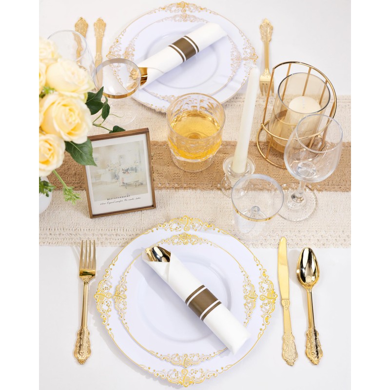 Nervure 350PCS Gold Plastic Plates - Gold Plastic Dinnerware Sets