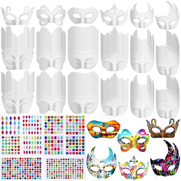 Leyndo 48 Pcs Paper Mache Art Masks,1154 Pcs Gem Stickers