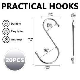S Hooks,20 Pack 3 Inch Metal S Shaped Hanging Hooks,Heavy Duty S Hooks for Hanging Pots Pans,S Hangers for Kitchen Bathroom Cloakroom Garden 20