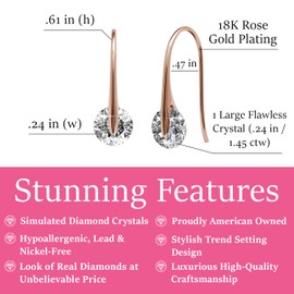 Cate & Chloe McKayla 18k Rose Gold Plated Drop Earrings with Crystal | Classic Drop Earrings with Round Cut Solitaire Crystal, Best Jewelry for Women, Hypoallergenic, Gift for Her