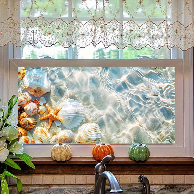 HOMETITUTE Seaside Shell Starfish Scene Window Cling 39.3x17.7 Inch PVC