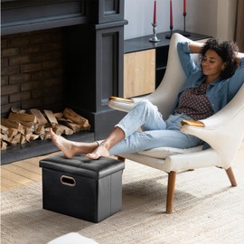 CSTOUTHOM 2 Pack Folding Storage Ottoman, 16 inch PU Leather Small Ottoman with Storage Foldable, Set of 2 Faux Leather Foot Stool Support 260lbs for Living Room, Bedroom, Hallway, Black