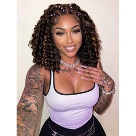 WIGNEE 13X4 HD Lace Front Knotless Short Braided Wig with Curly Ends Braided Wigs for Black Women 12 Inch Synthetic Highlight Brown Braid Wig Ready to Go