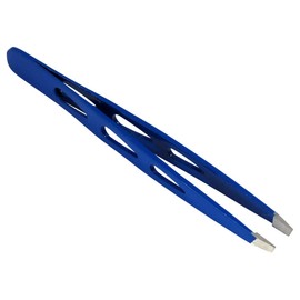 HTS 172D4 4" Blue Slanted Eyebrow Tweezers with Droplet Holes