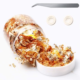 Gilding Foil Flakes for Resin,YUGDRUZY 18 g Metallic Foil Leaf Schabin Flakes with 2 Finger Cots and Tweezers,Imitation Metal Gilding Flakes for Painting,Nails Arts,Slime,Home Decor