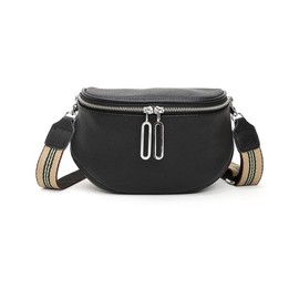 Whatna Women's Cow Leather Mini Shoulder Bag, Crossbody Chest Bag, Small, Book, Leather, Thick, Lightweight, Double Zipper, Shoulder Bag, Mini Bag, Women's, Work, Travel, Smartphone Pouch, Black