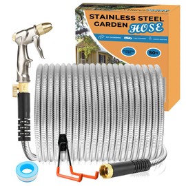Stainless Steel Garden Hose Set with Brass Nozzle Hose Rack Hose Valve Flexible Anti-Kink, LightWeight,Puncture Proof,FrozenProof Heavy Duty Sprayer Head for Patio Yard Car Washing (50ft)