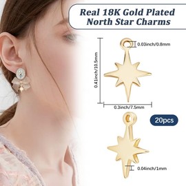 Beebeecraft 1 Box of 40 North Star Pendants, 18 Carat Gold-Plated, Small Flat Star Pendants for Jewellery Making, DIY, Crafts, 18K Gold Plated Brass