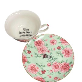 Three Black Cats Bone China "You've been poisoned- Bye" Tea Cup and Saucer Set, 8 Oz, Sea Foam Green and Pink Rose Pattern, Gold Trim