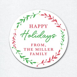 Custom Happy Holidays Stickers with Wreath, Christmas Gift Stickers for Boxes, Envelope Seals or Gift Wrapping, Port of Reverie Paper Co