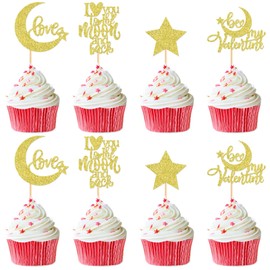 Keaziu - Paquete de 24 adornos para cupcakes con texto en inglés "Happy Valentines Day I Love You to the Moon and Back para decoración de tartas, suministros de fiesta de San Valentín, luna dorada