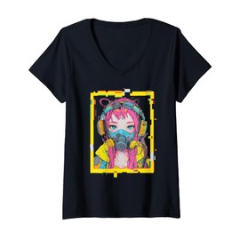 Womens Japanese Harajuku Gas Mask Girl Glitchcore V-Neck T-Shirt