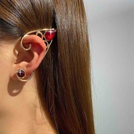 Iaceble Gothic Elf Climber Cuff Earrings Fairy Elf Ear Wrap Earring Gold Ruby Ear Cuff Earring Elf Ear Crawler Earrings Red Crystal Stud Earrings Jewelry for Women